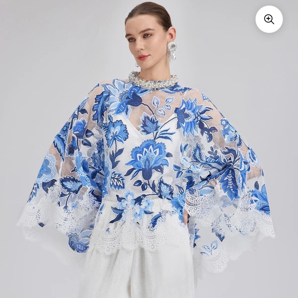 Rich Radi Q's Sz L Lace Jacquard Cape Top Blue Floral Sheer Blouse